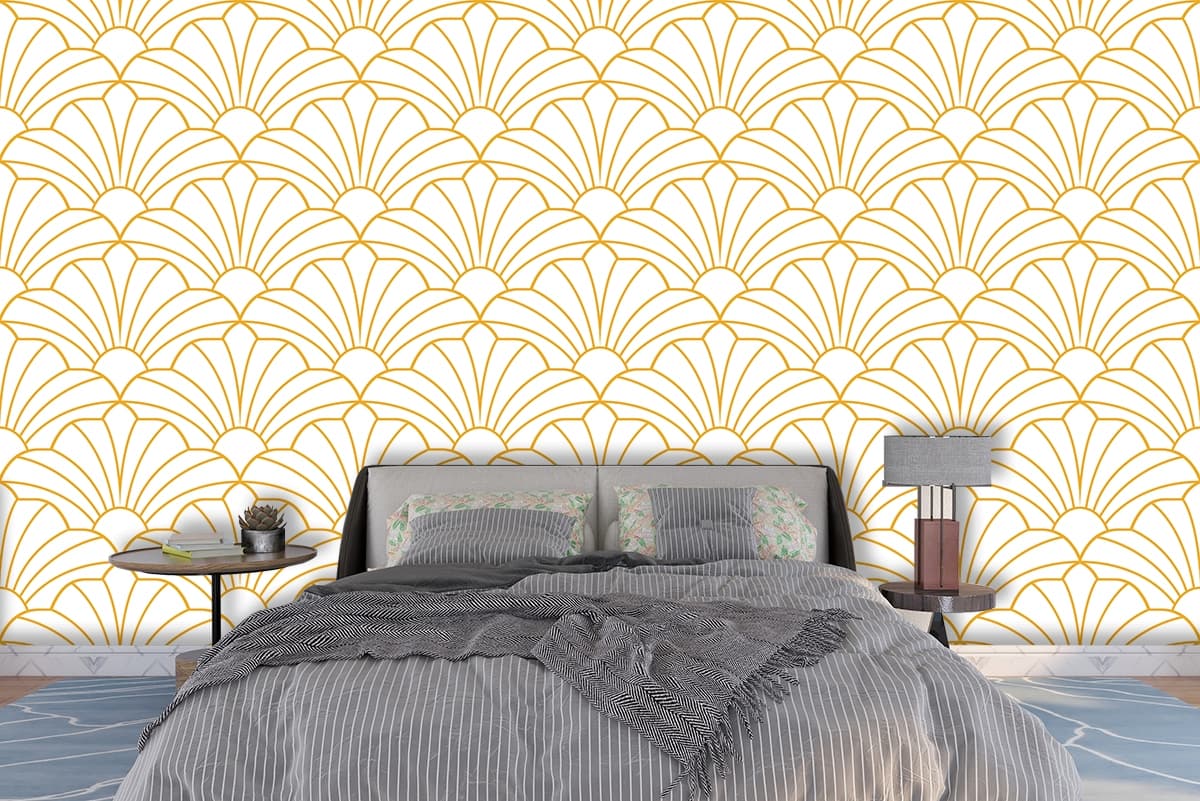 A pattern of orange and white fan shaped shapes shown in a room