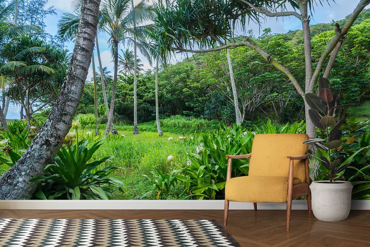 A green field with trees and plants shown in a room