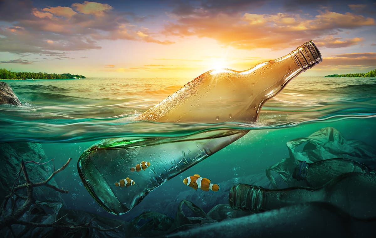Glass Bottle in Water with Fish Artistic Scene wallpaper pattern detail