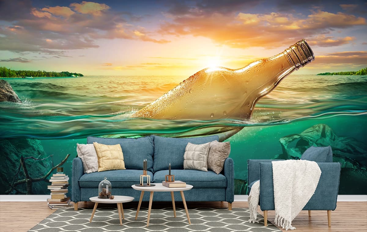Glass Bottle in Water with Fish Artistic Scene wallpaper shown in a room