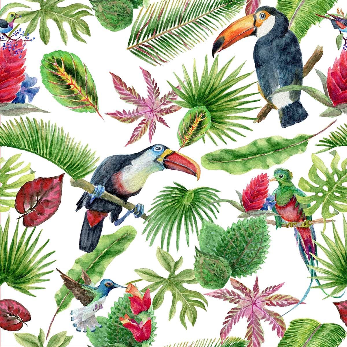 Toucan, Hummingbird and Quetzal Tropical Birds Wallpaper pattern detail