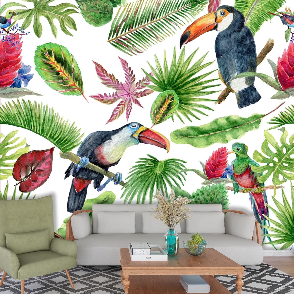 Toucan, Hummingbird and Quetzal Tropical Birds Wallpaper shown in a room