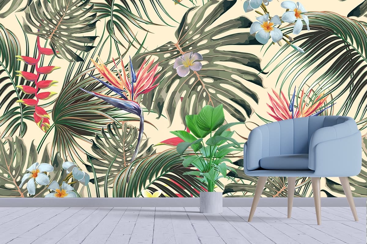 Premium Tropical Floral Jungle Pattern Wallpaper shown in a room