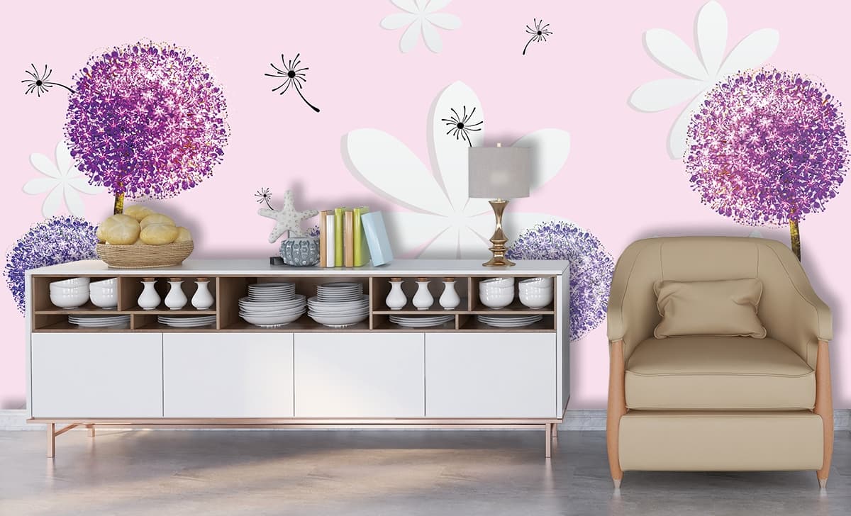 Elegant Pink Purple Floral Pattern Interior Wallpaper shown in a room