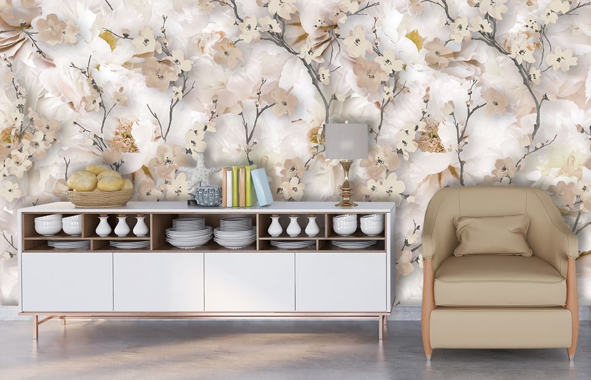 A floral pattern of flowers shown in a room
