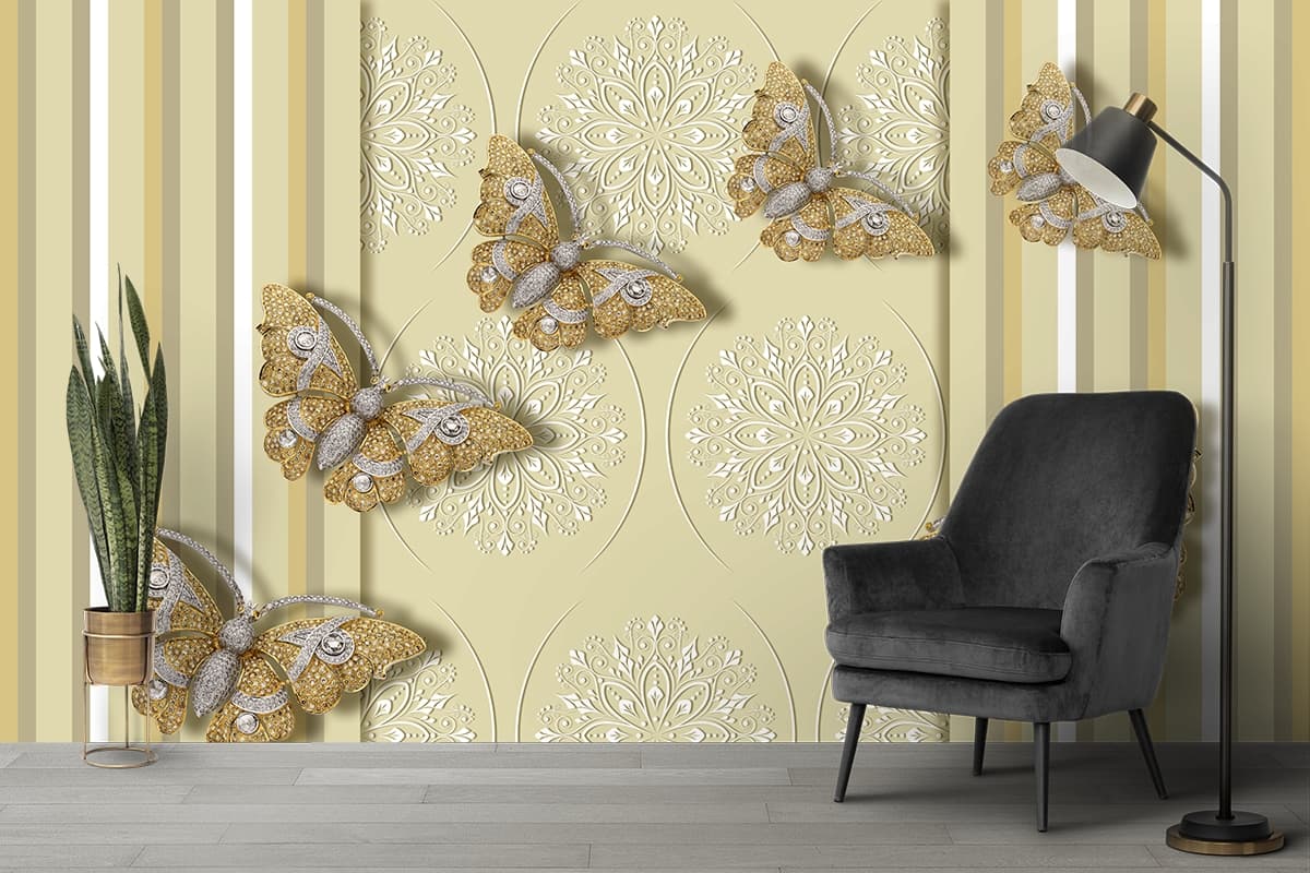 Stylish Butterfly and Floral Pattern Wallpaper shown in a room