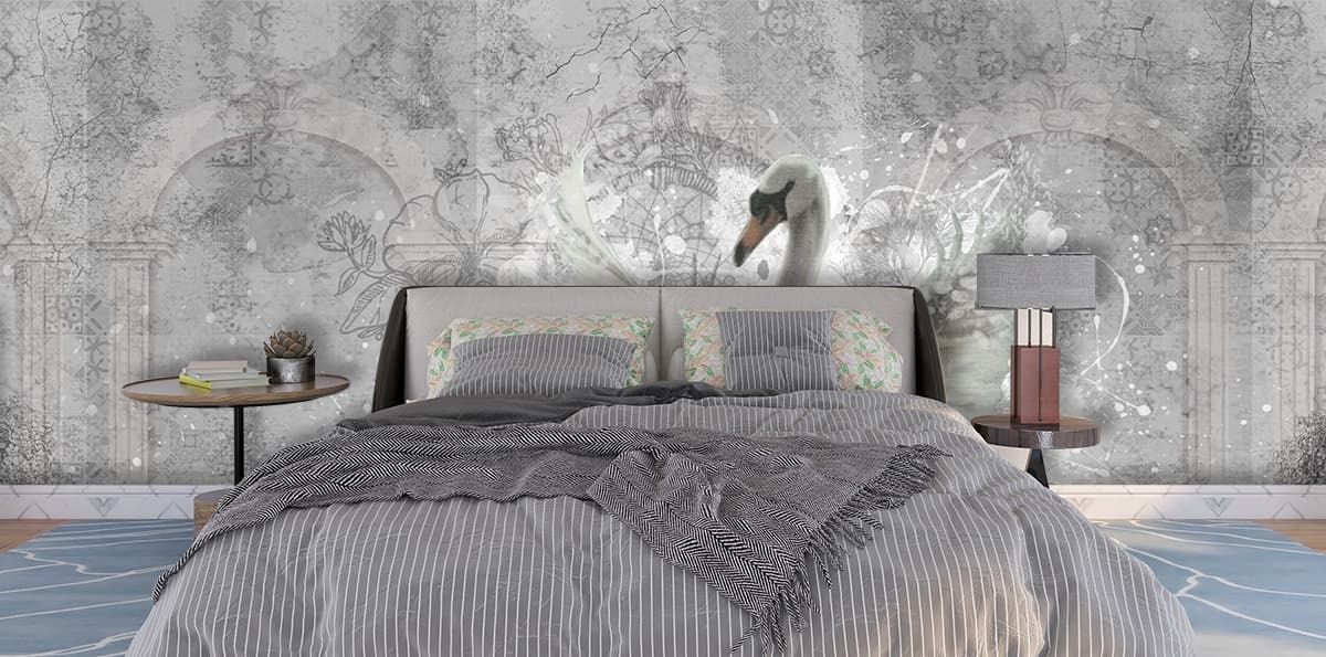 Royal White Swans in Snow Luxury Wallpaper shown in a room