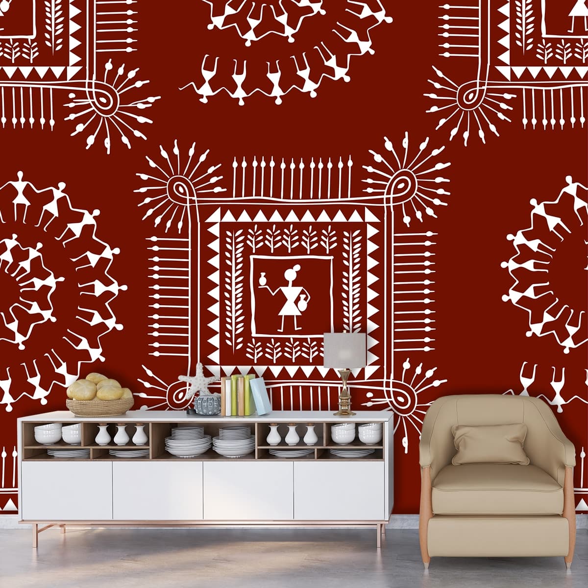 Tribal Art Warli Art Painting Wallpaper Mural shown in a room