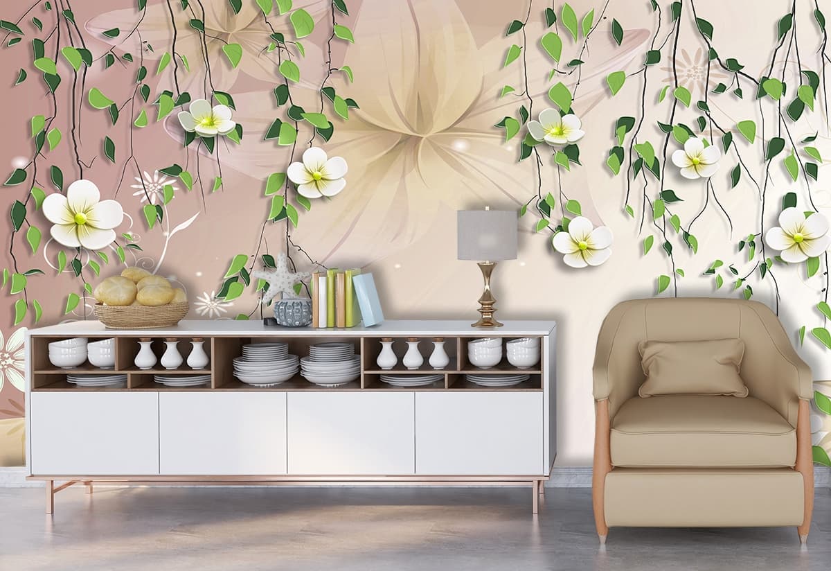 Flower and leaf motif on the wallpaper shown in a room