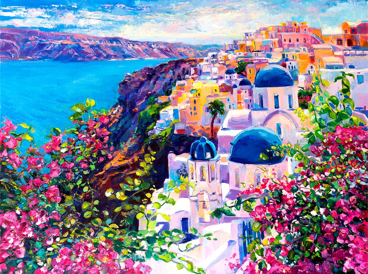 Town on Cliff by Ocean Painting Coastal wallpaper pattern detail