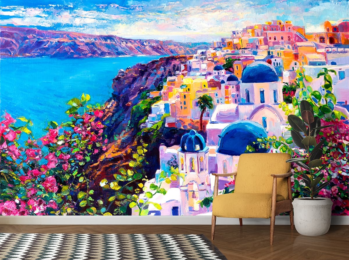 Town on Cliff by Ocean Painting Coastal wallpaper shown in a room