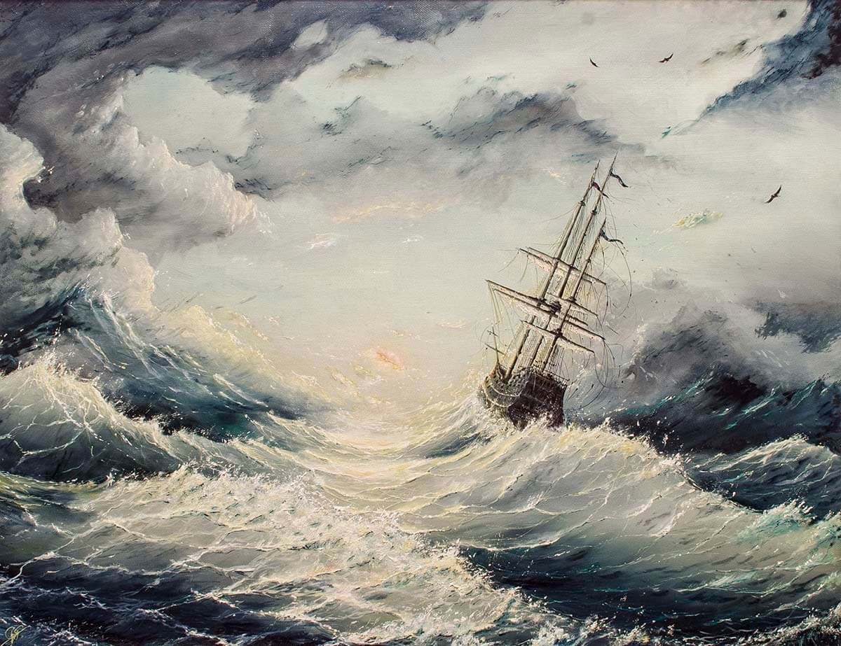 Ship in Stormy Sea Dramatic Ocean Painting wallpaper pattern detail