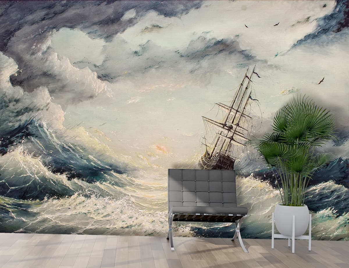 Ship in Stormy Sea Dramatic Ocean Painting wallpaper shown in a room