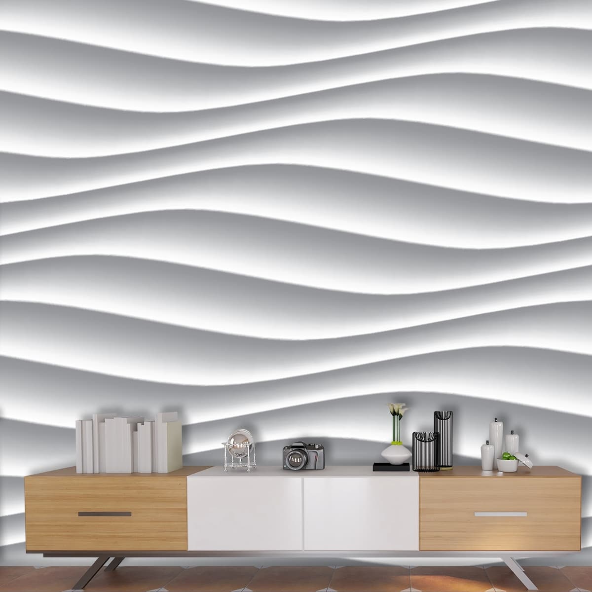 Minimalist Grey Wavy Lines on White Wallpaper shown in a room