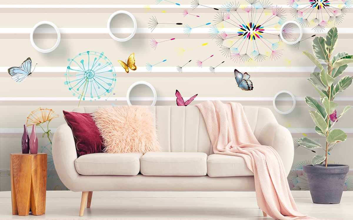 Premium 3D Dandelion Bloom Designer Wallpaper shown in a room