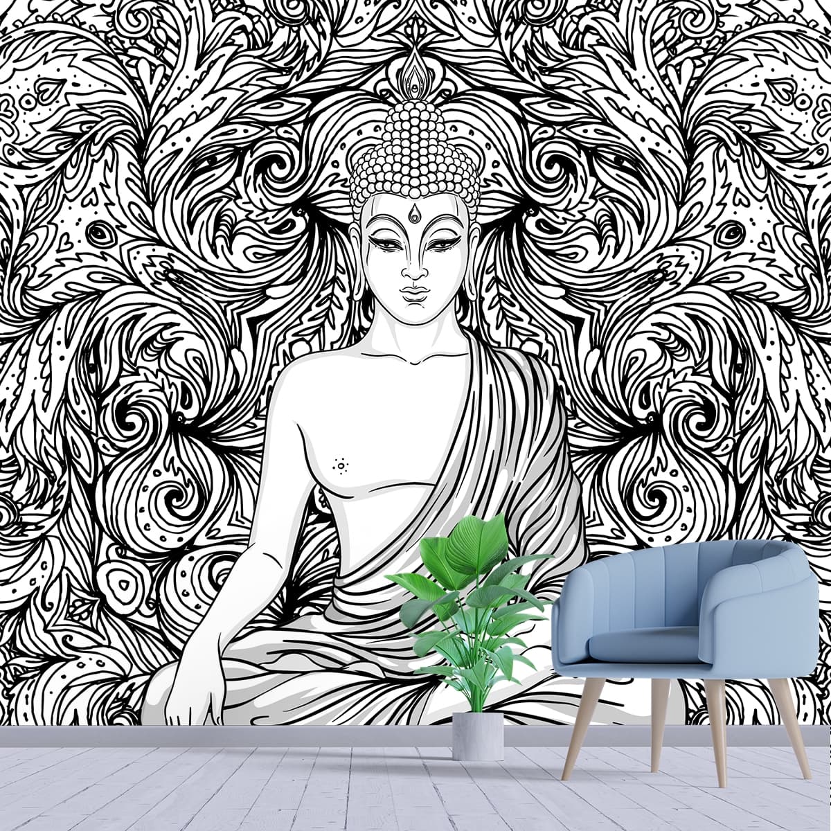 Black and White Buddha Wallpaper shown in a room