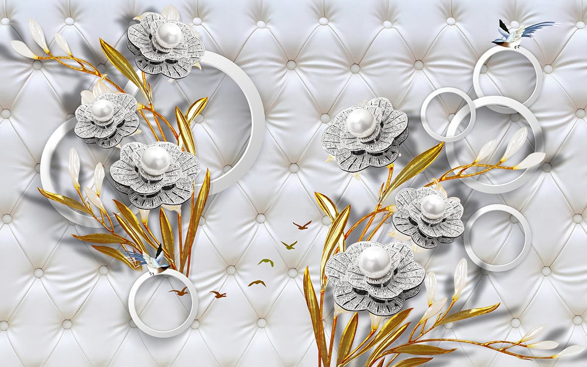 3D Jewelled Flowers Wallpaper Mural pattern detail