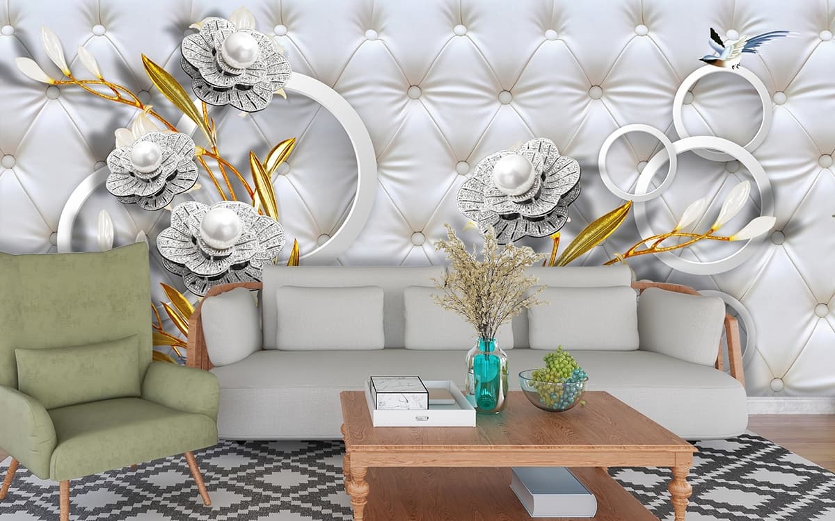 3D Jewelled Flowers Wallpaper Mural shown in a room