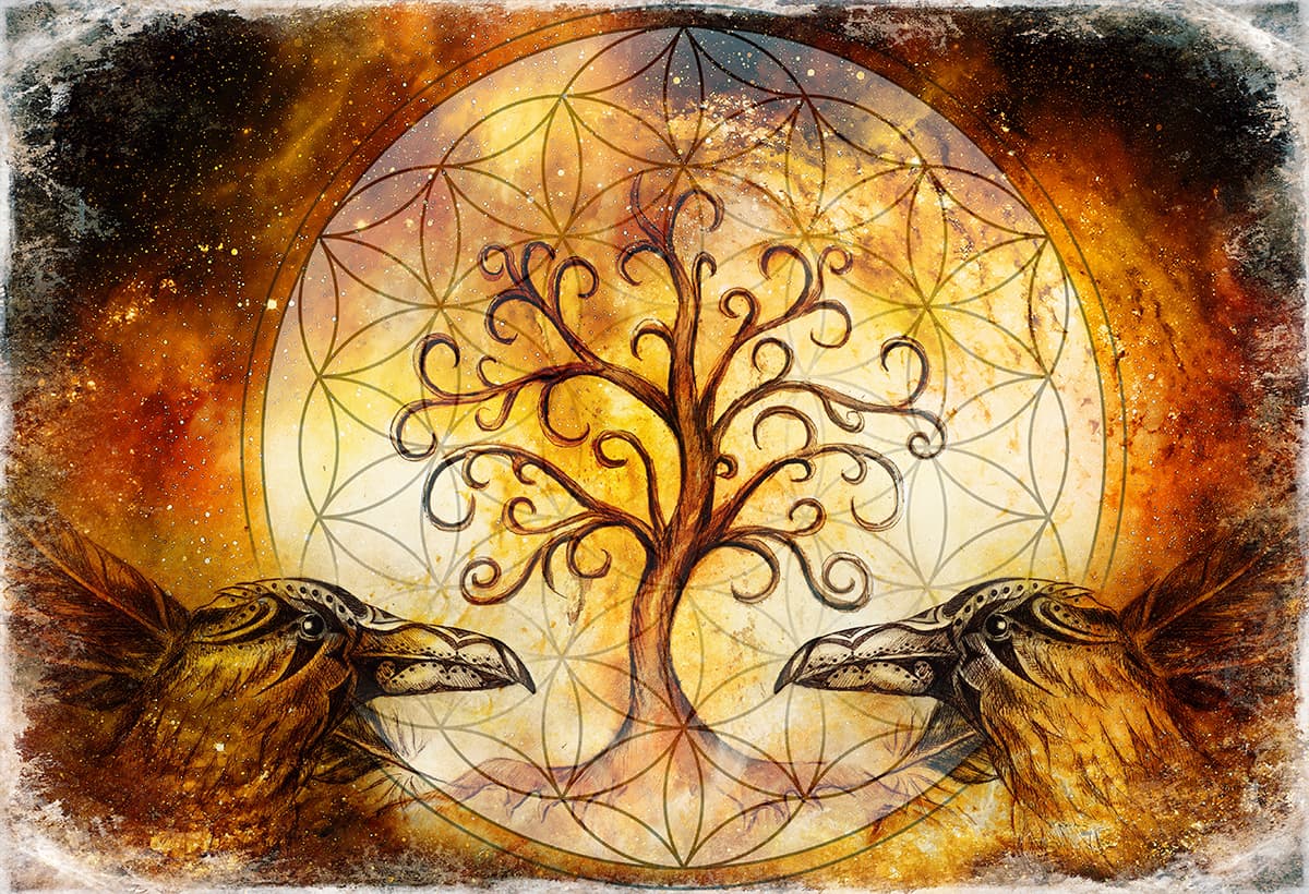A drawing of two birds and a tree of life pattern detail
