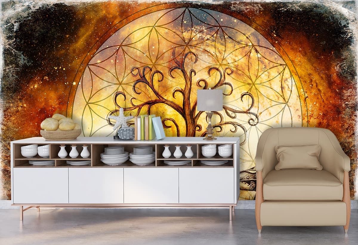 A drawing of two birds and a tree of life shown in a room