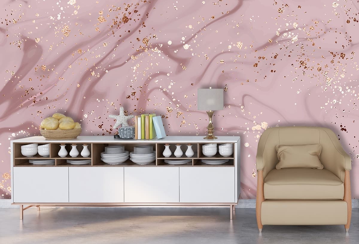 Pink and Gold Marbled Surface Wallpaper shown in a room