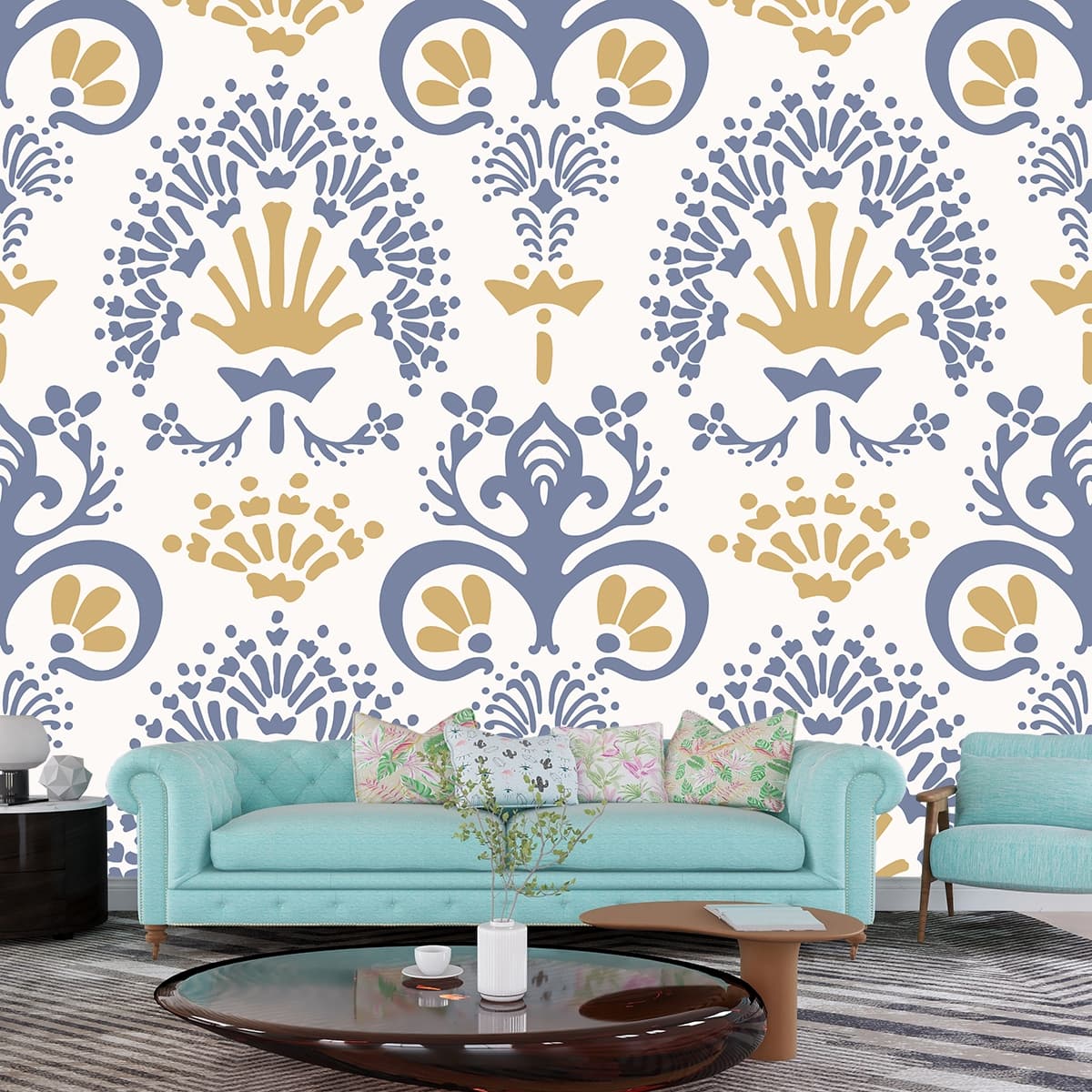 Blue and Yellow Blossom Mural Wallpaper shown in a room