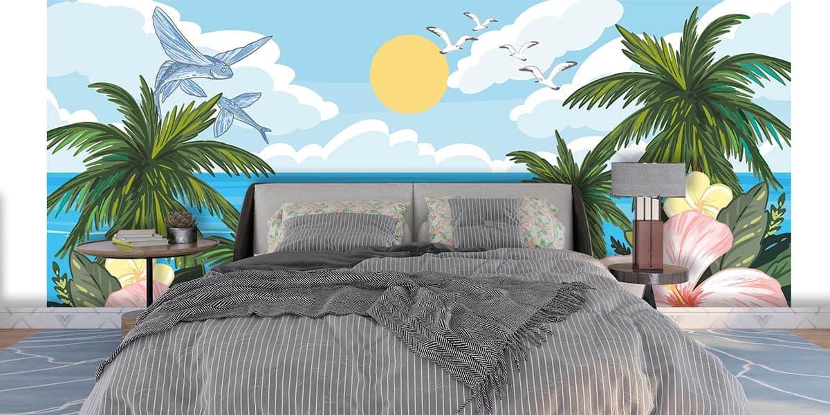 Bright Blue Sea and Summer Island Paradise Wallpaper shown in a room
