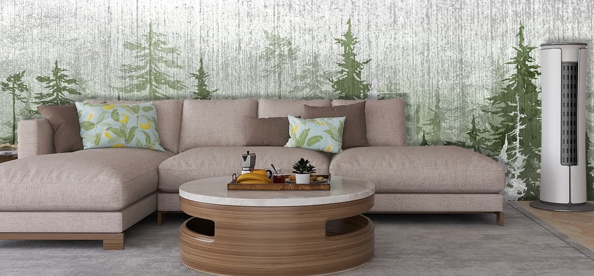 A group of trees in a forest shown in a room