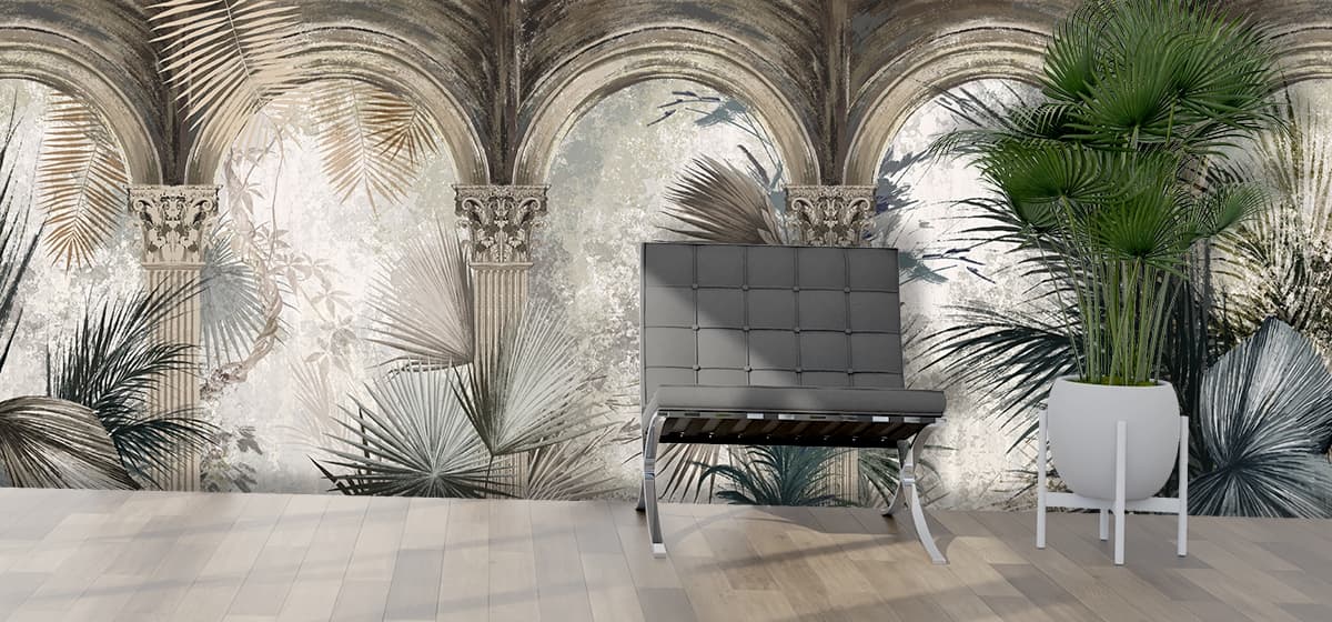 A wallpaper with columns and plants shown in a room