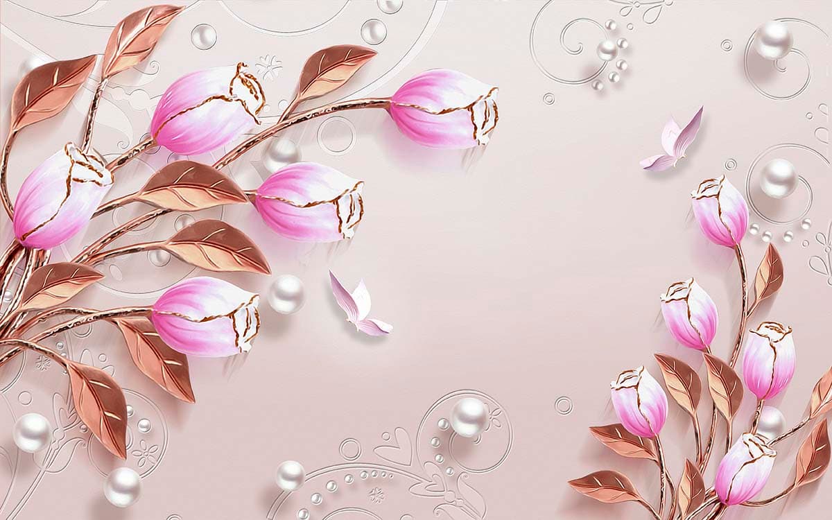A 3D Tulips Flowers With Golden Leaves Wallpaper pattern detail
