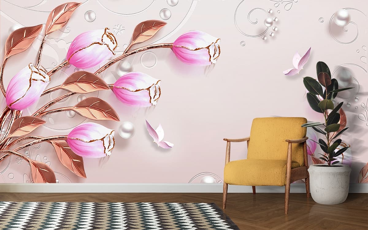 A 3D Tulips Flowers With Golden Leaves Wallpaper shown in a room