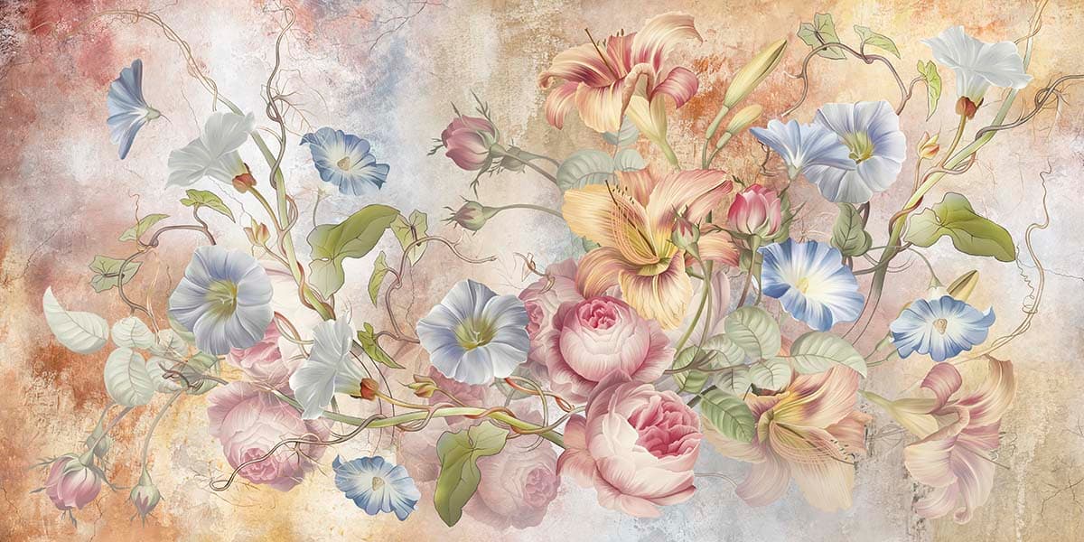 A Wallpaper of Floral Colorful Flowers and Leaves pattern detail