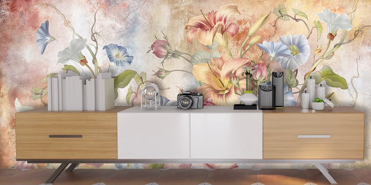 A Wallpaper of Floral Colorful Flowers and Leaves shown in a room