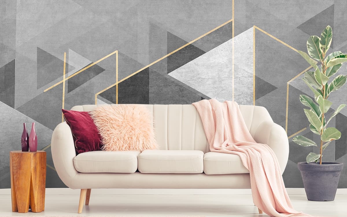 Modern Grey and White Geometrical Pattern Wallpaper shown in a room