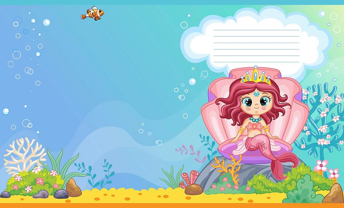 Cute Mermaid Sitting on Shell Underwater Kids Wallpaper pattern detail