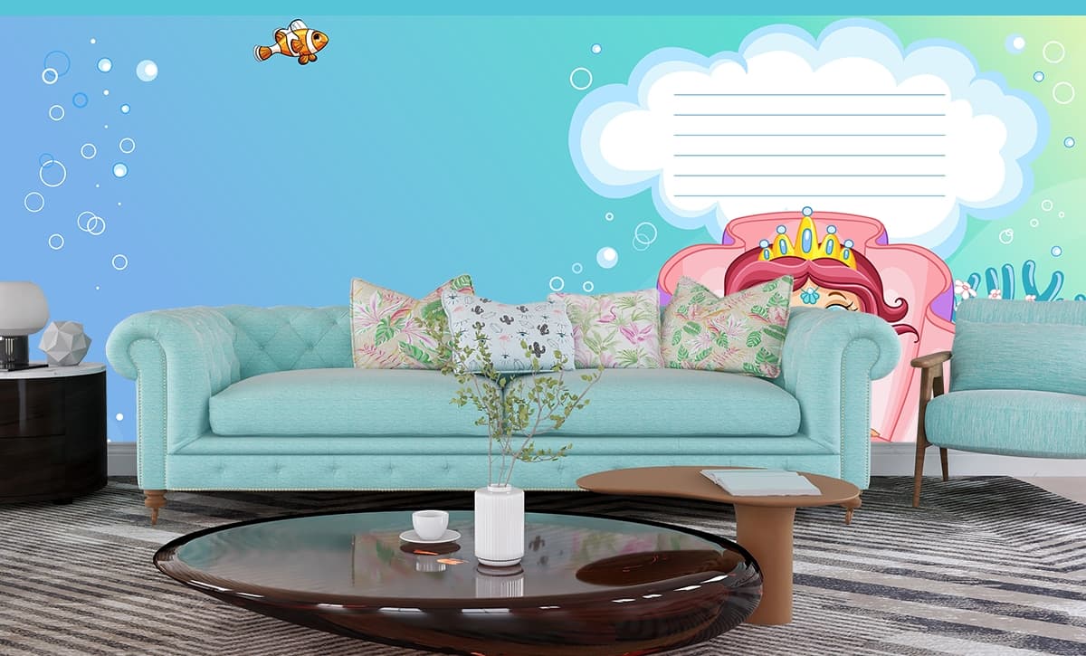 Cute Mermaid Sitting on Shell Underwater Kids Wallpaper shown in a room