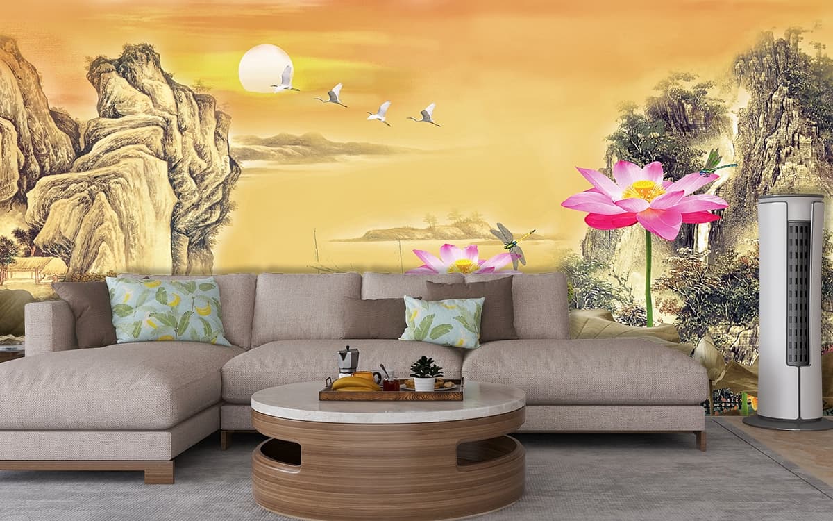 A painting of flowers and leaves shown in a room