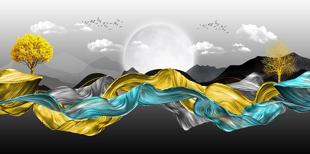 Painting of a moon and mountains wallpaper pattern detail