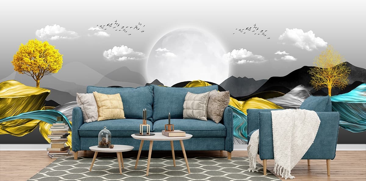 Painting of a moon and mountains wallpaper shown in a room