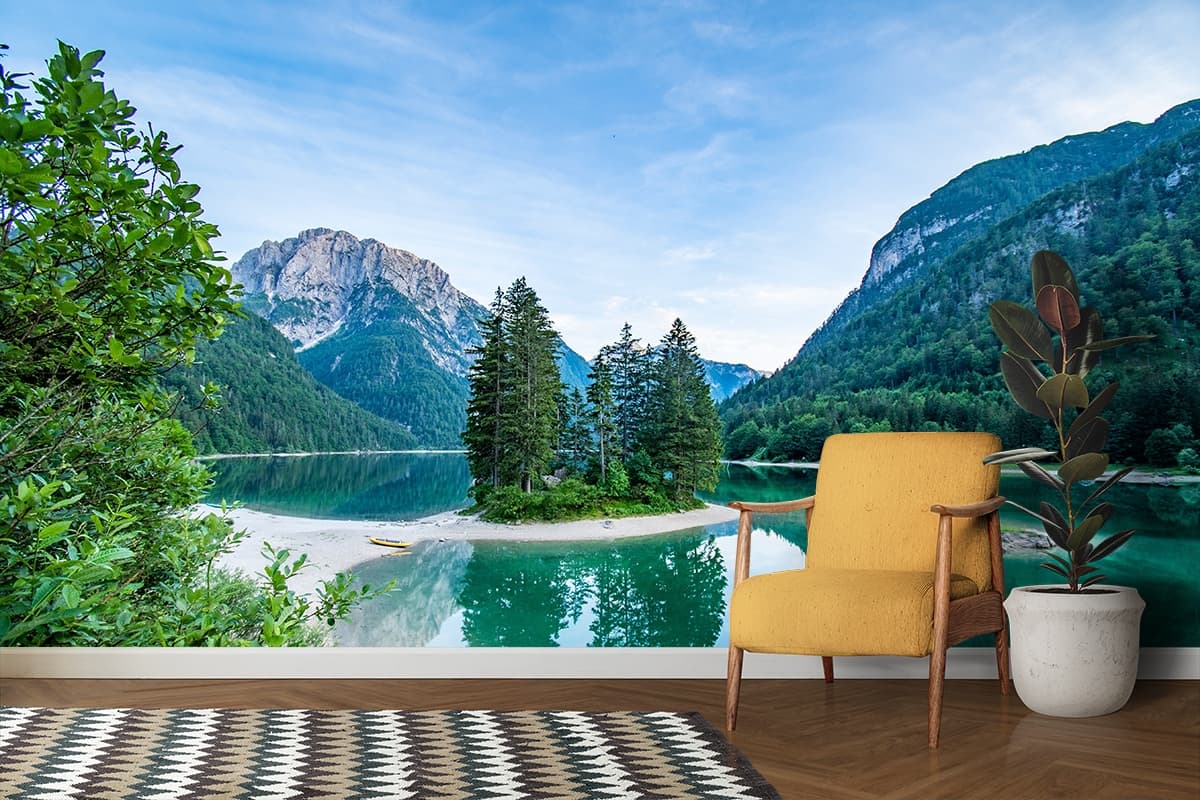 Nature Island Trees Lake View Landscape Wallpaper shown in a room
