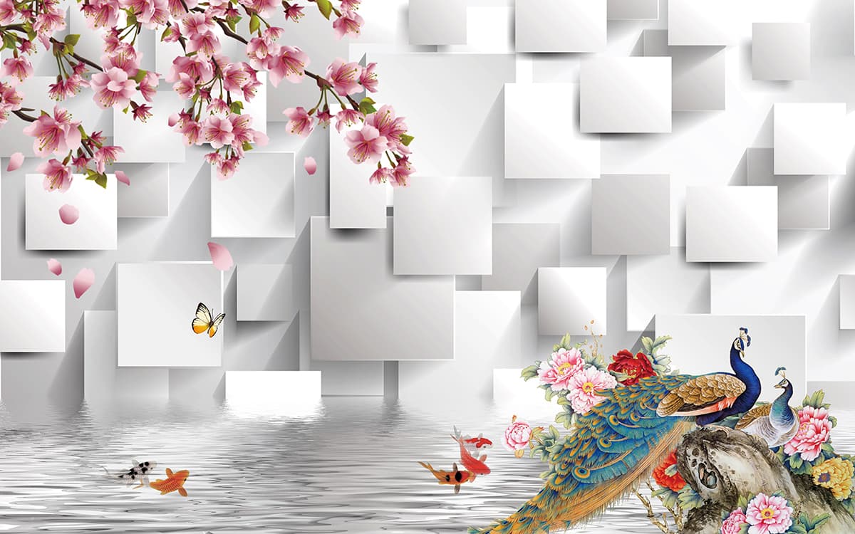 A wallpaper with a bird and flowers pattern detail