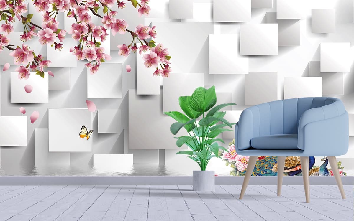A wallpaper with a bird and flowers shown in a room
