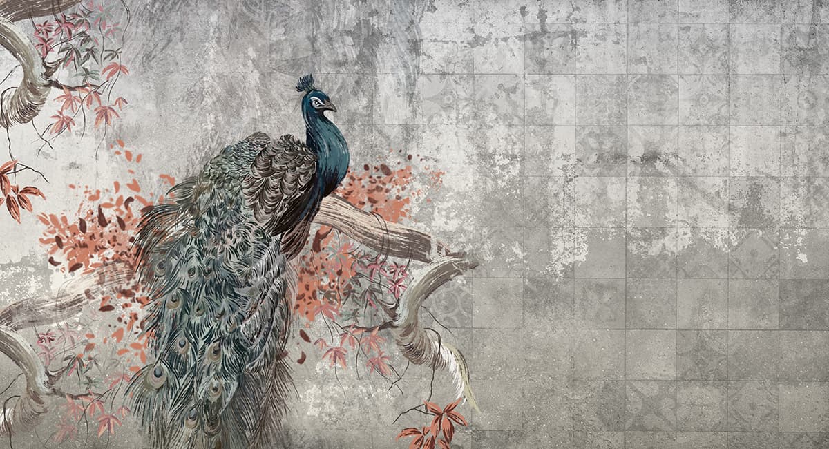 Decorative Peacock on Branch Nature Wallpaper pattern detail
