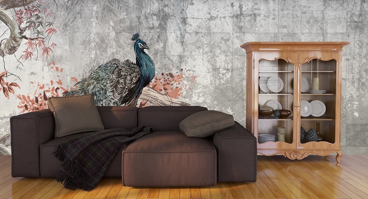 Decorative Peacock on Branch Nature Wallpaper shown in a room