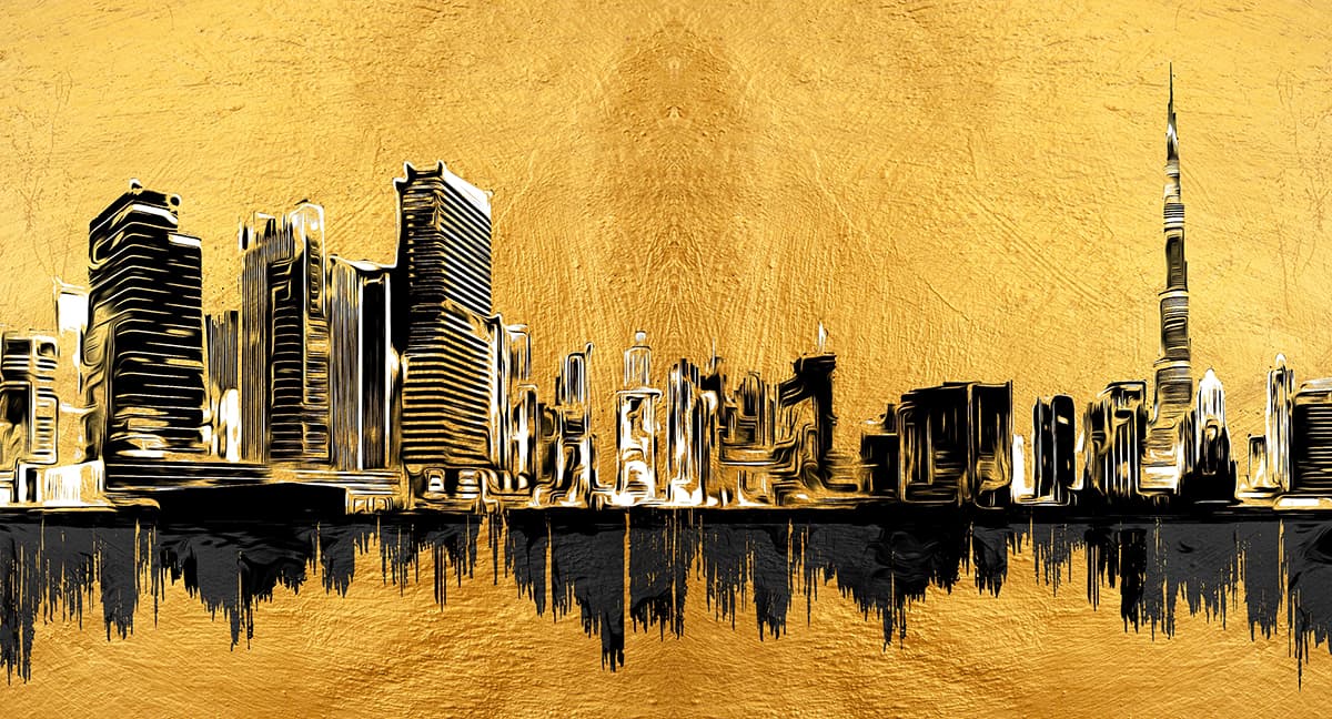 Gold City Skyline Black White Paint Design wallpaper pattern detail