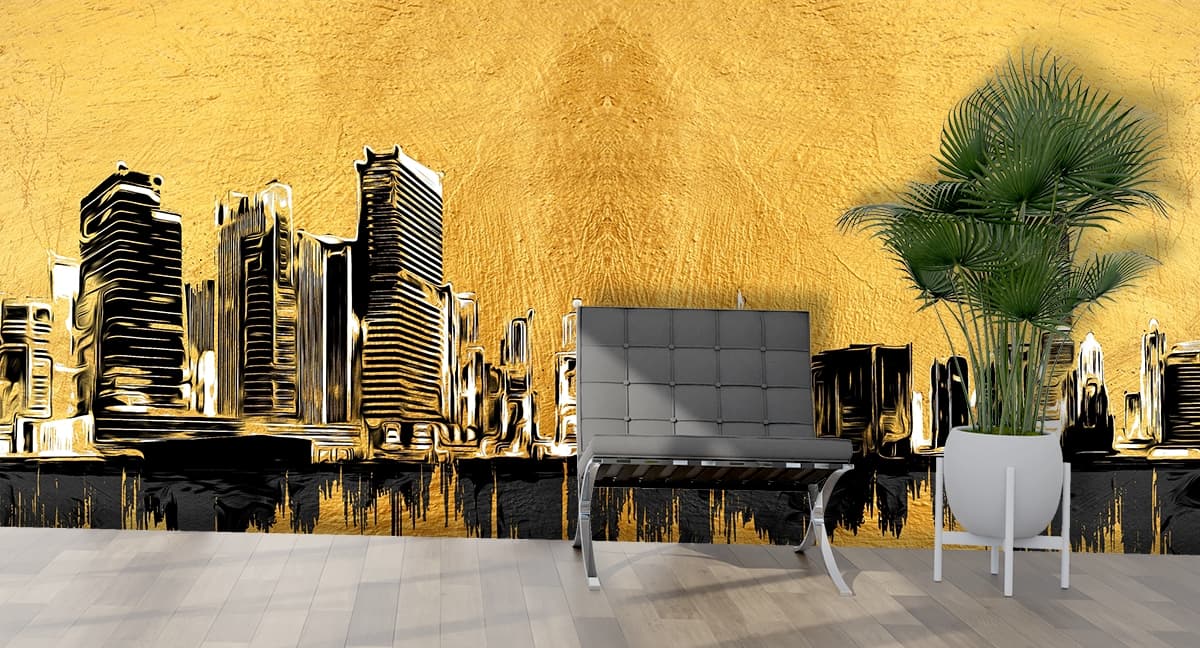 Gold City Skyline Black White Paint Design wallpaper shown in a room