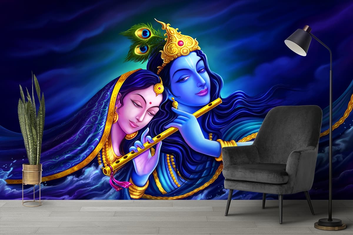 Divine Blue Color Radha Krishna Wallpaper Mural shown in a room