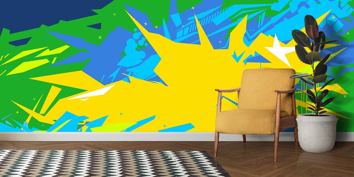 Vibrant Yellow Blue Splash Art Design Wallpaper shown in a room