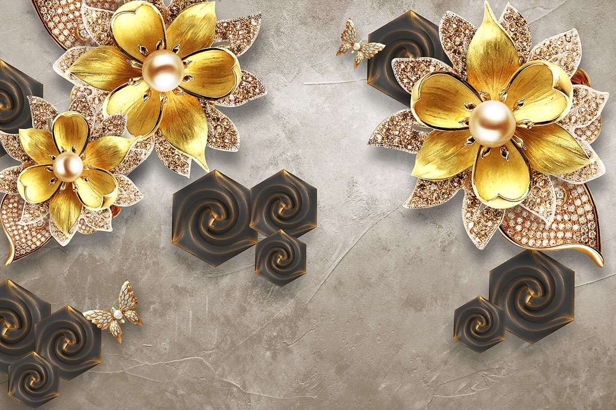 A wallpaper with gold flowers and diamonds pattern detail