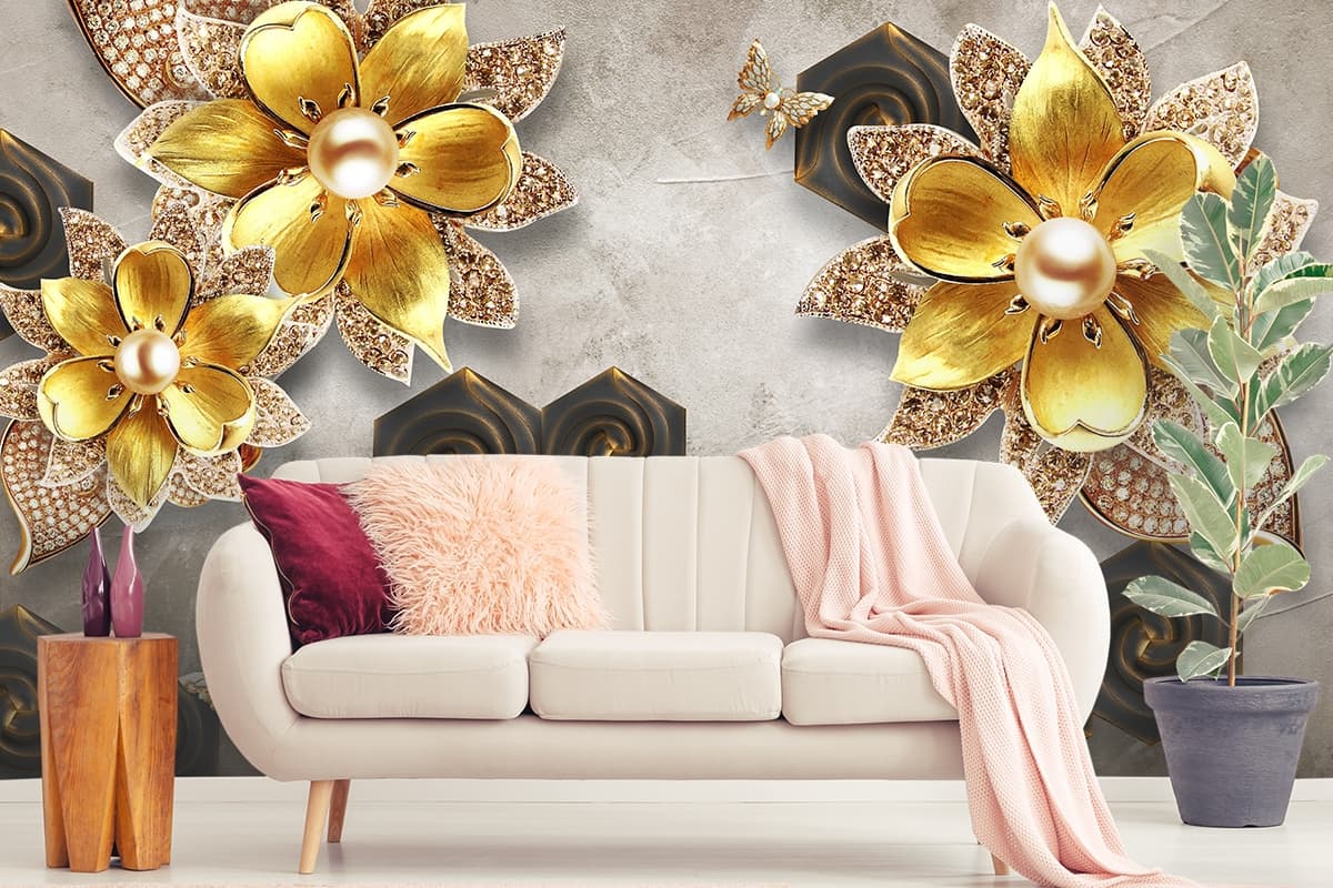 A wallpaper with gold flowers and diamonds shown in a room